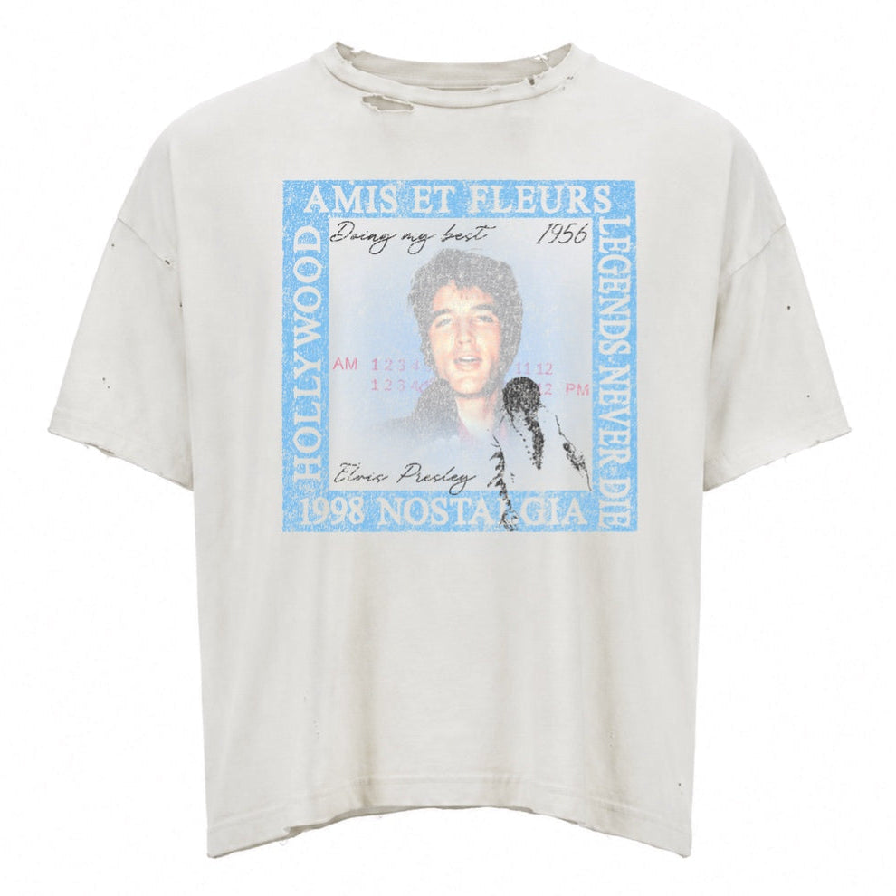 Amis et Fleurs Vintage White Legends Never Die 2.0 T-Shirt, off-white boxy tee with a pale blue framed portrait graphic