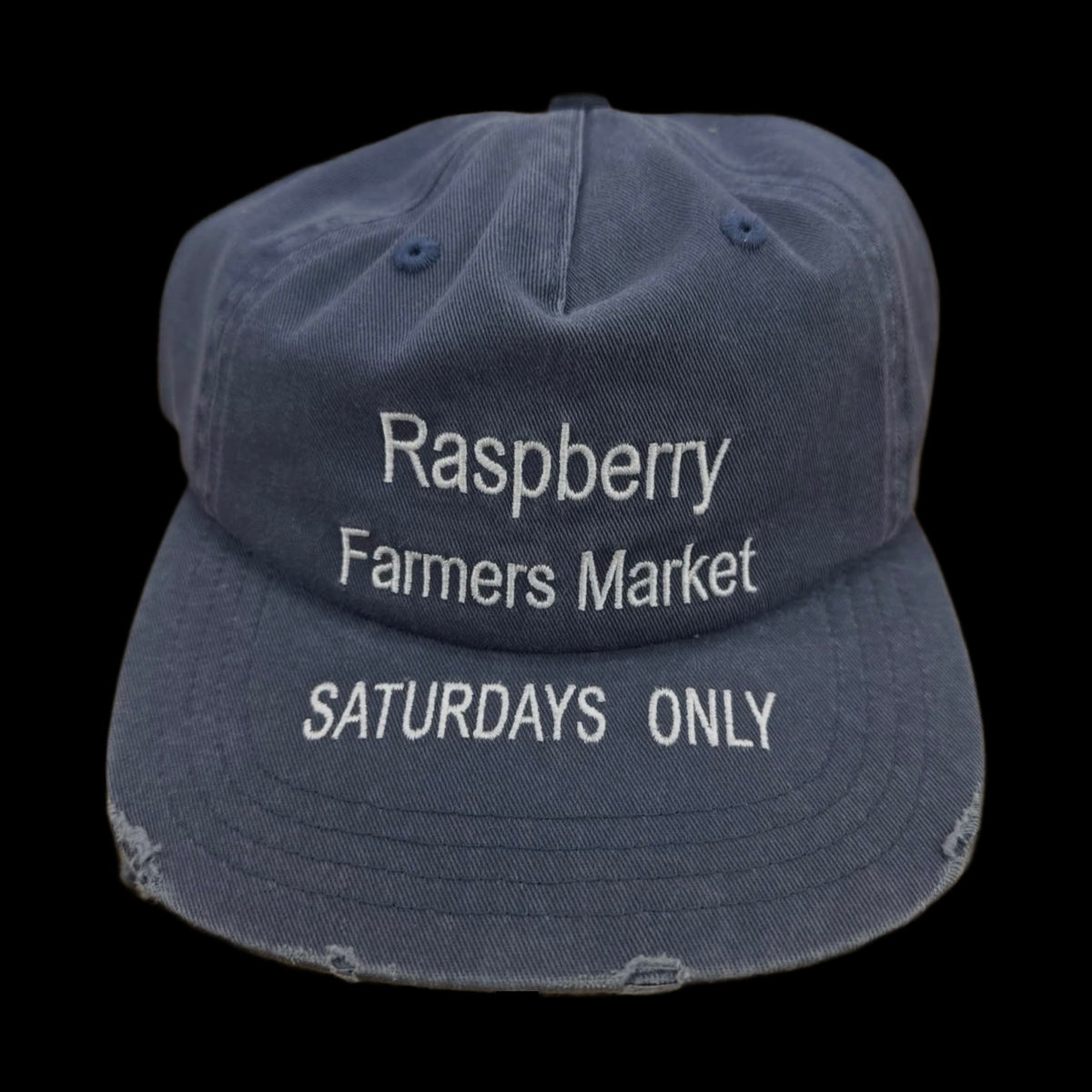 GV Gallery Farmers Market Hat, front view of the faded navy cap with a distressed brim