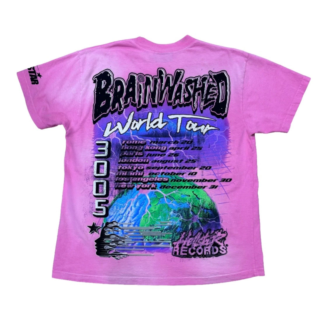 Hellstar Pink Brainwashed World Tour Tee back with a tour date list and an airbrushed globe