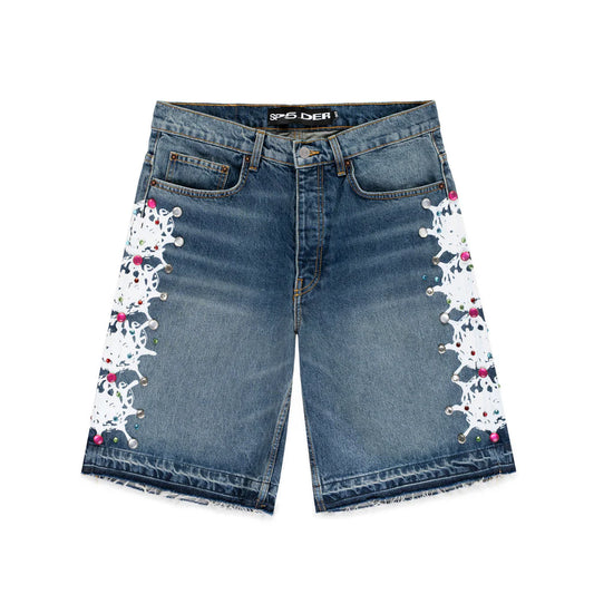 Sp5der Light Blue Wash Web Stone Denim Shorts
