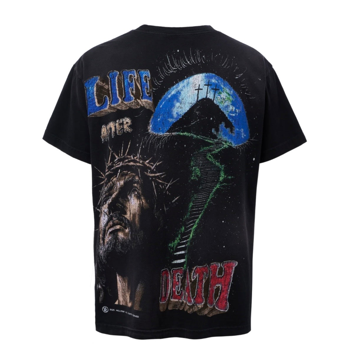 Hellstar Black Have Faith In Me T-Shirt, back of the tee with a Life After Death print of a reaper, globe and thorn-crowned face
