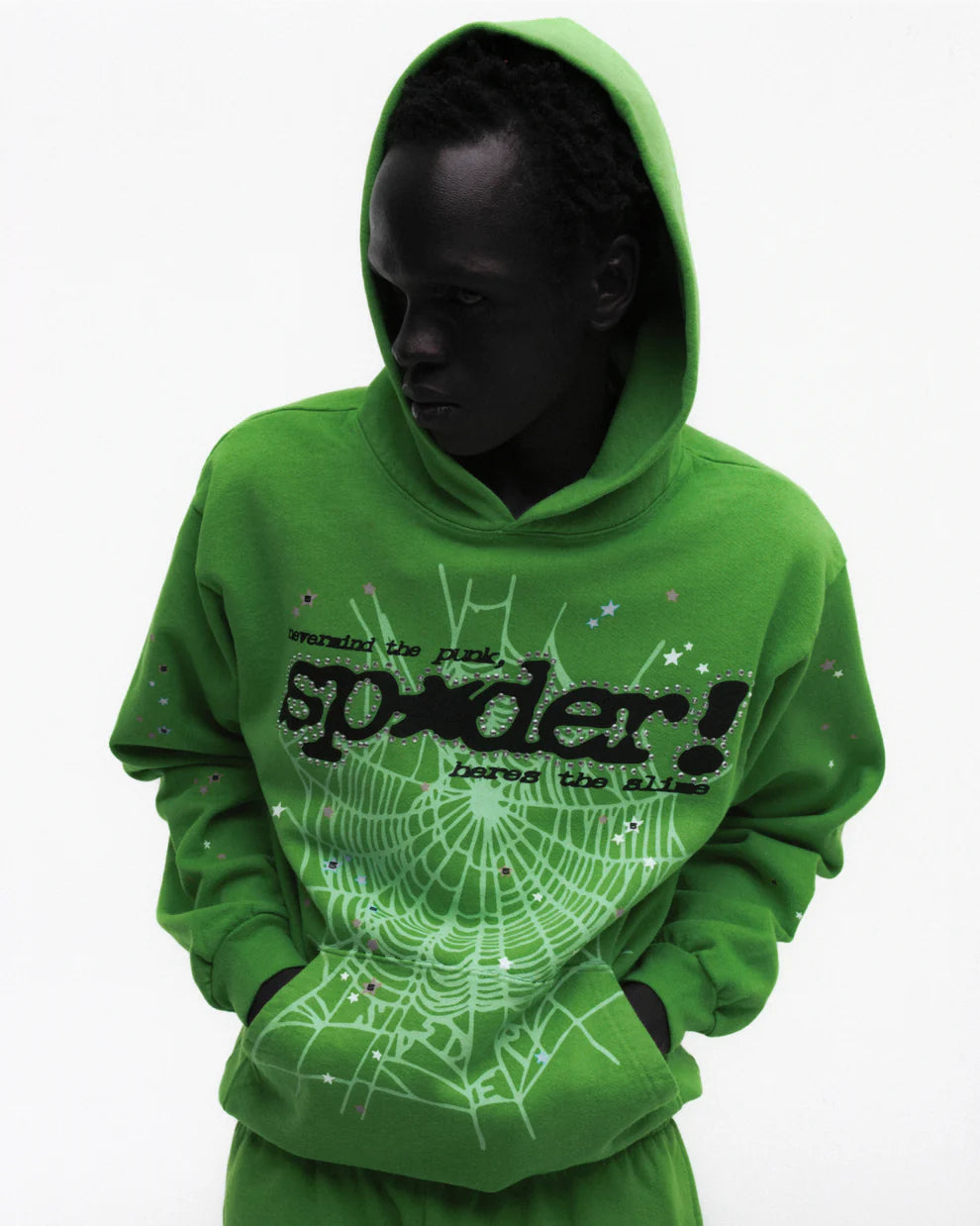 Sp5der Bright Green Punk V2 Rhinestone Hoodie
