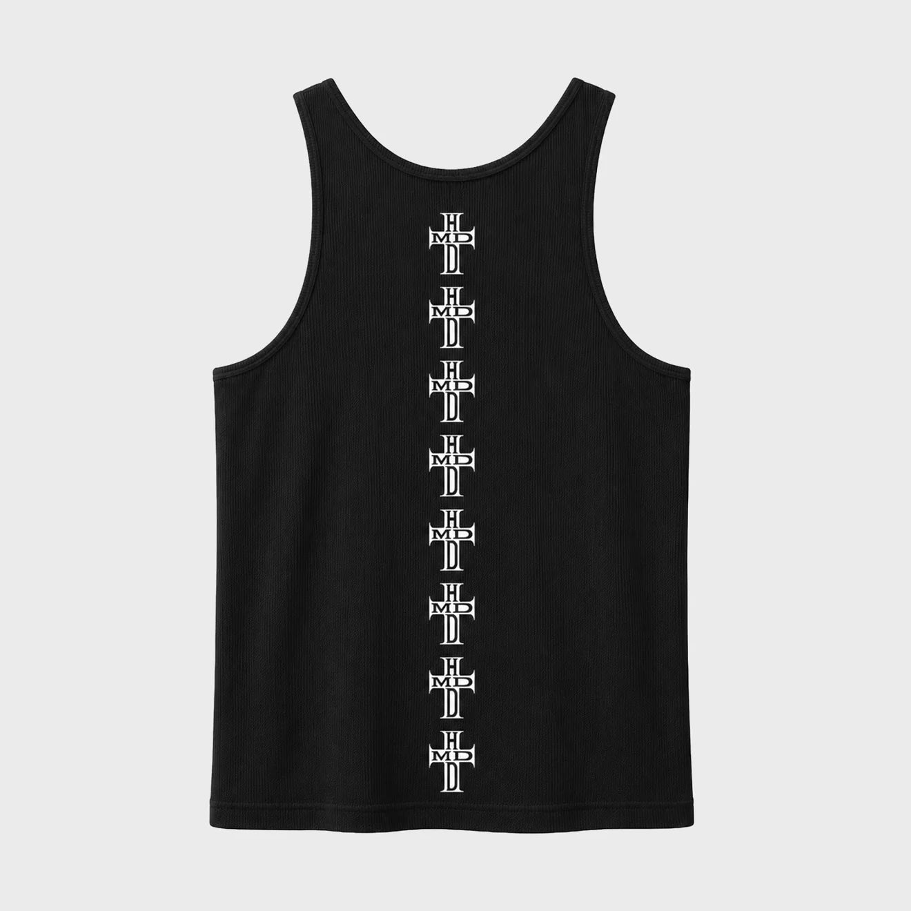 HMDD Black HC Tank Top, back of the black ribbed tank with a vertical column of eight white HMDD cross logos