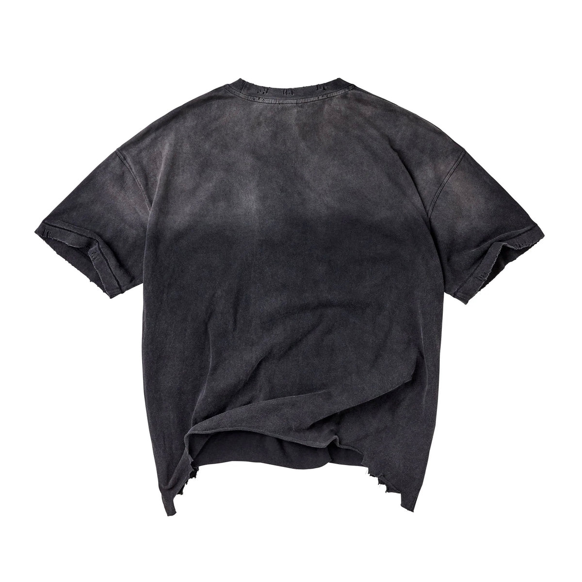 Vale Black Manhattan Thrashed T-Shirt back view in washed black with the frayed hem