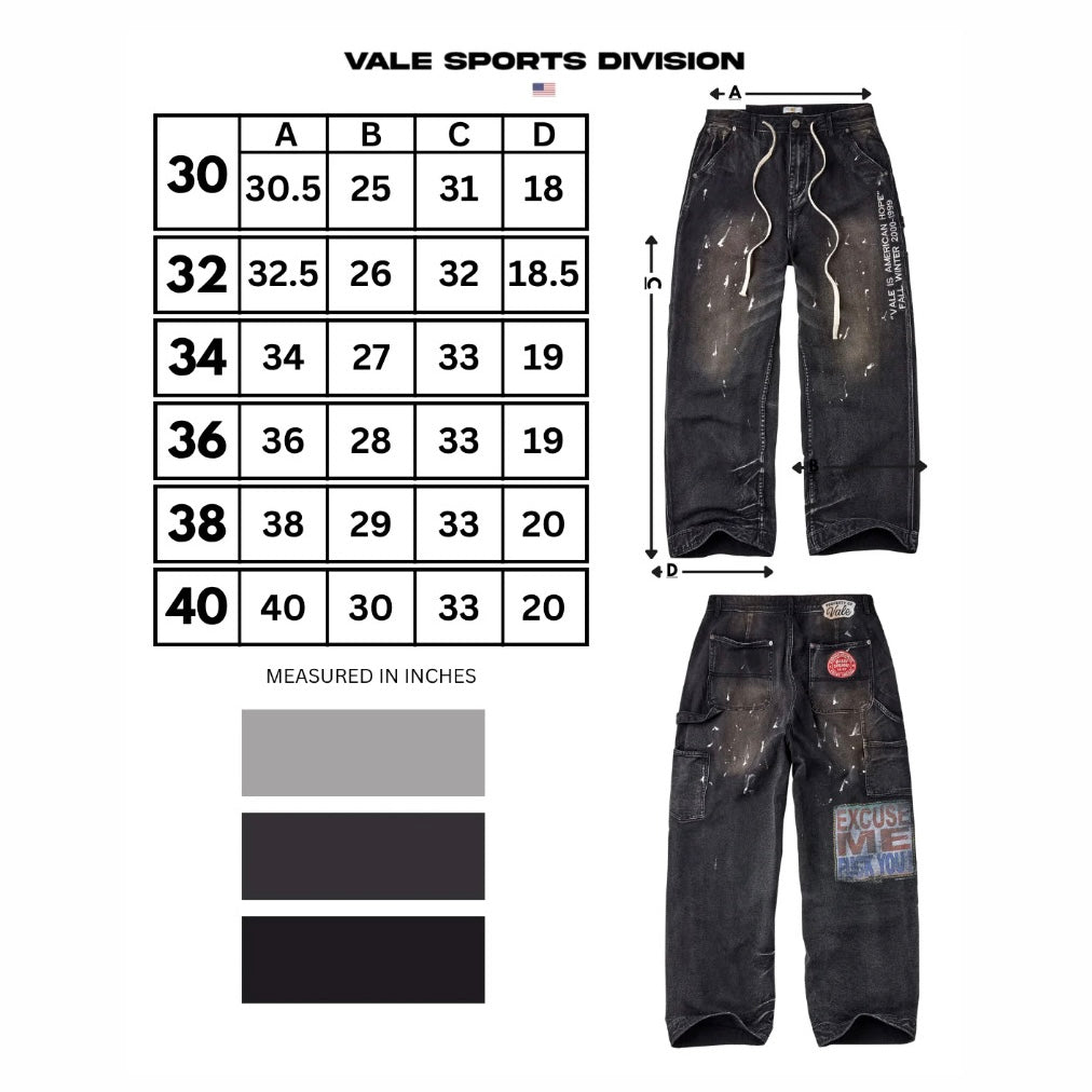 Vale Black American Hope Painter Pants, size chart with waist rows 30, 32, 34, 36, 38 and 40 against A/B/C/D columns in inches