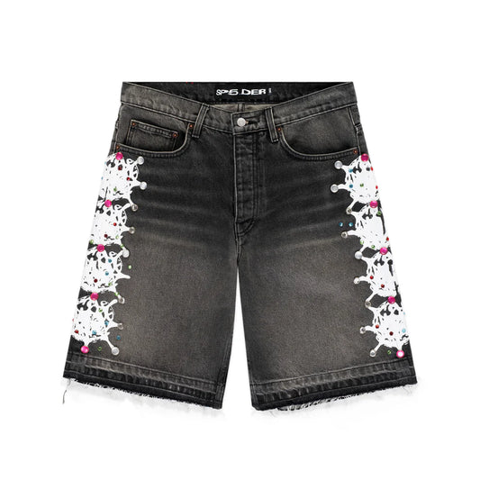Sp5der Black Wash Web Stone Denim Shorts