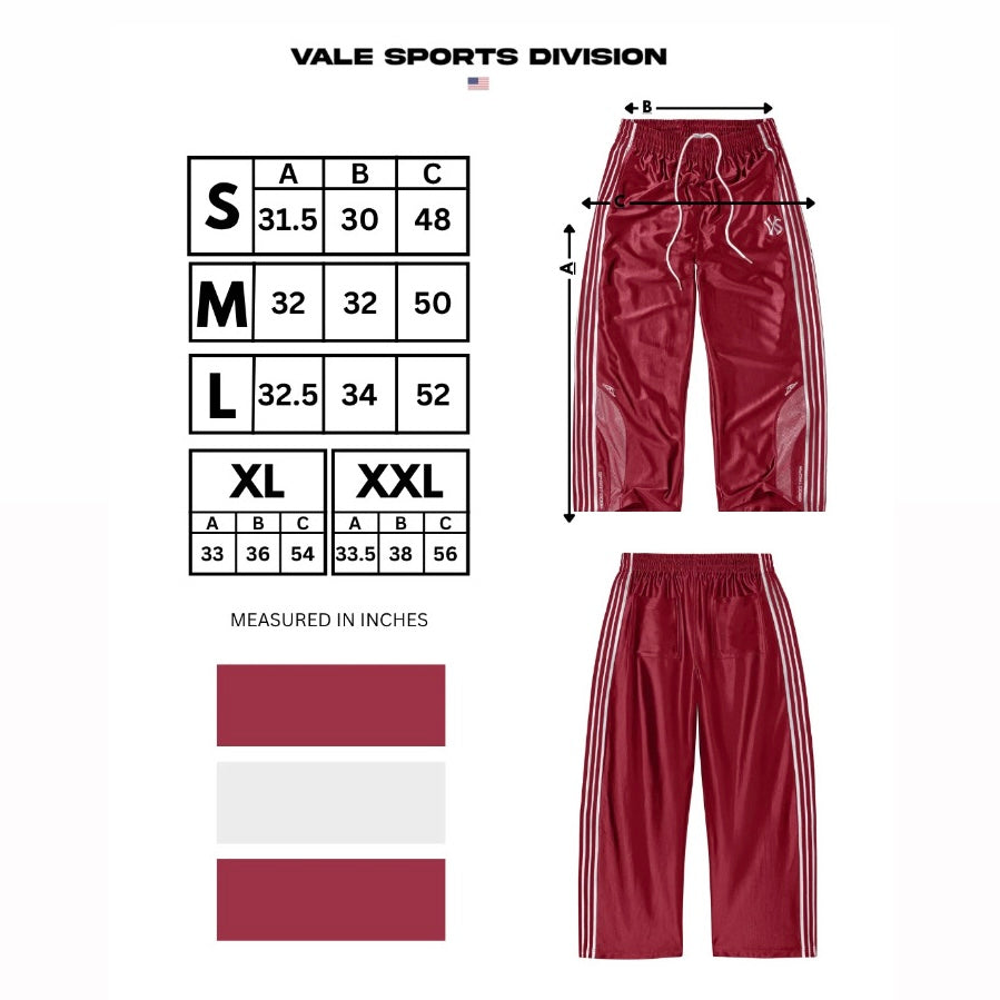 Vale Sports Division size chart for the Loverboy Swish Pants, listing waist, hip and length in inches
