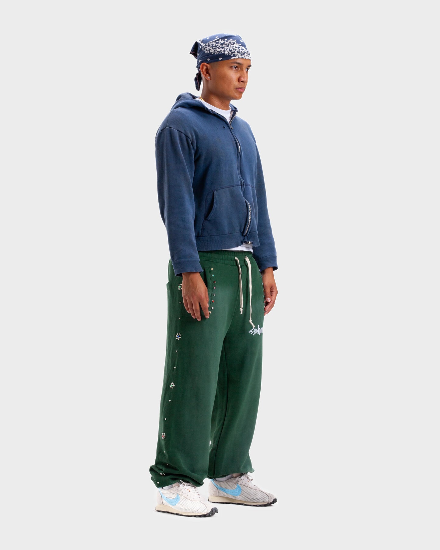HMDD Green Flower Studded Scrunch Sweatpants