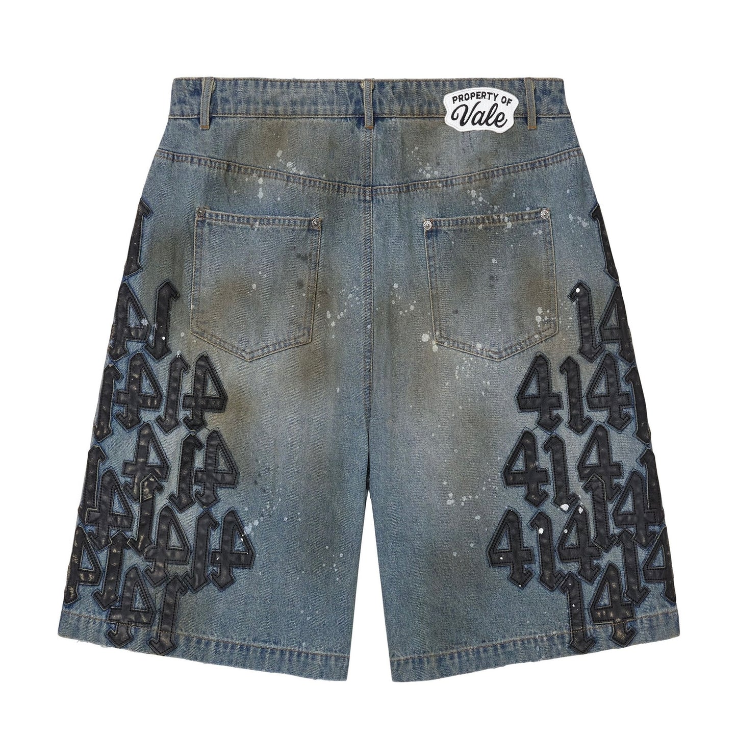 Vale Black Charm Jorts, faded denim jorts with a Vale patch at the waistband, paint splatter and black 414 prints