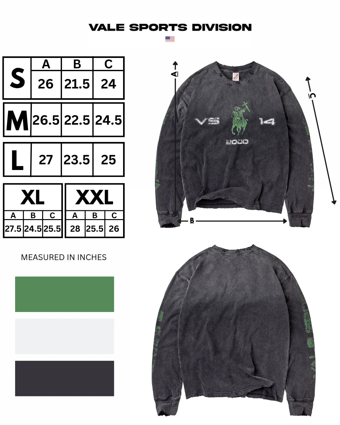Vale Sports Division size chart for the Black Crusader Long Sleeve, listing body length, width and sleeve