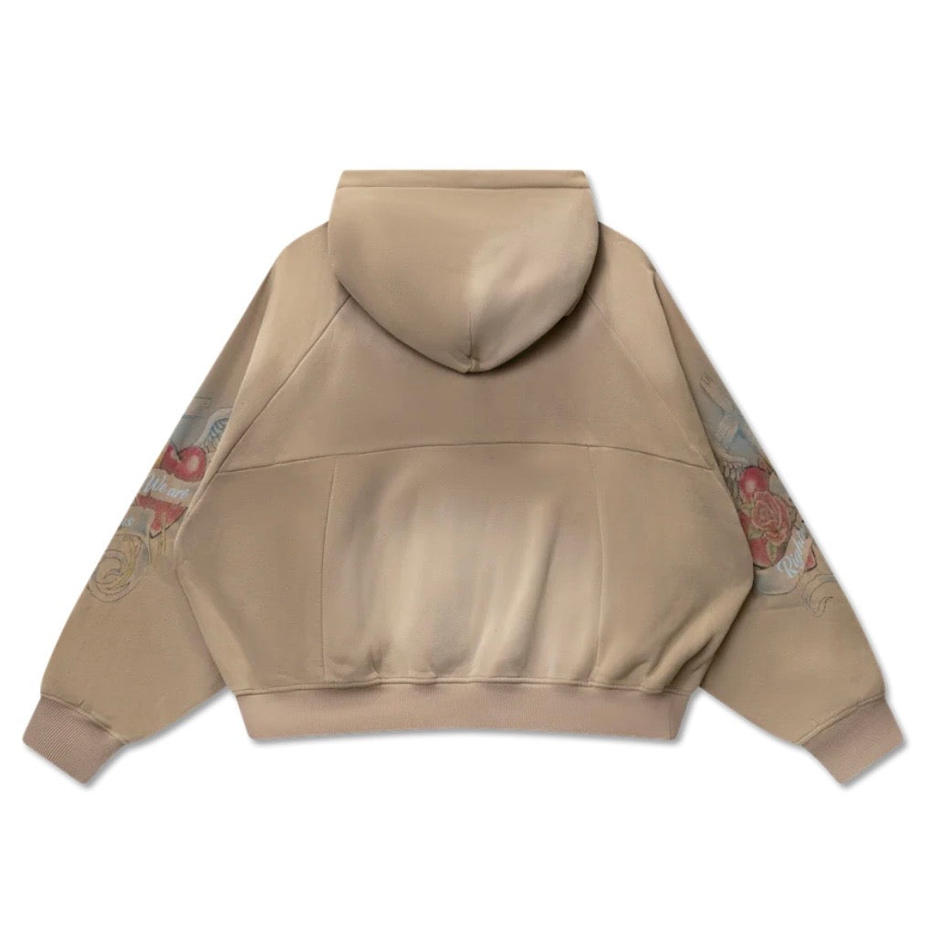 Back of the washed tan zip hoodie, plain body with winged heart sleeve prints