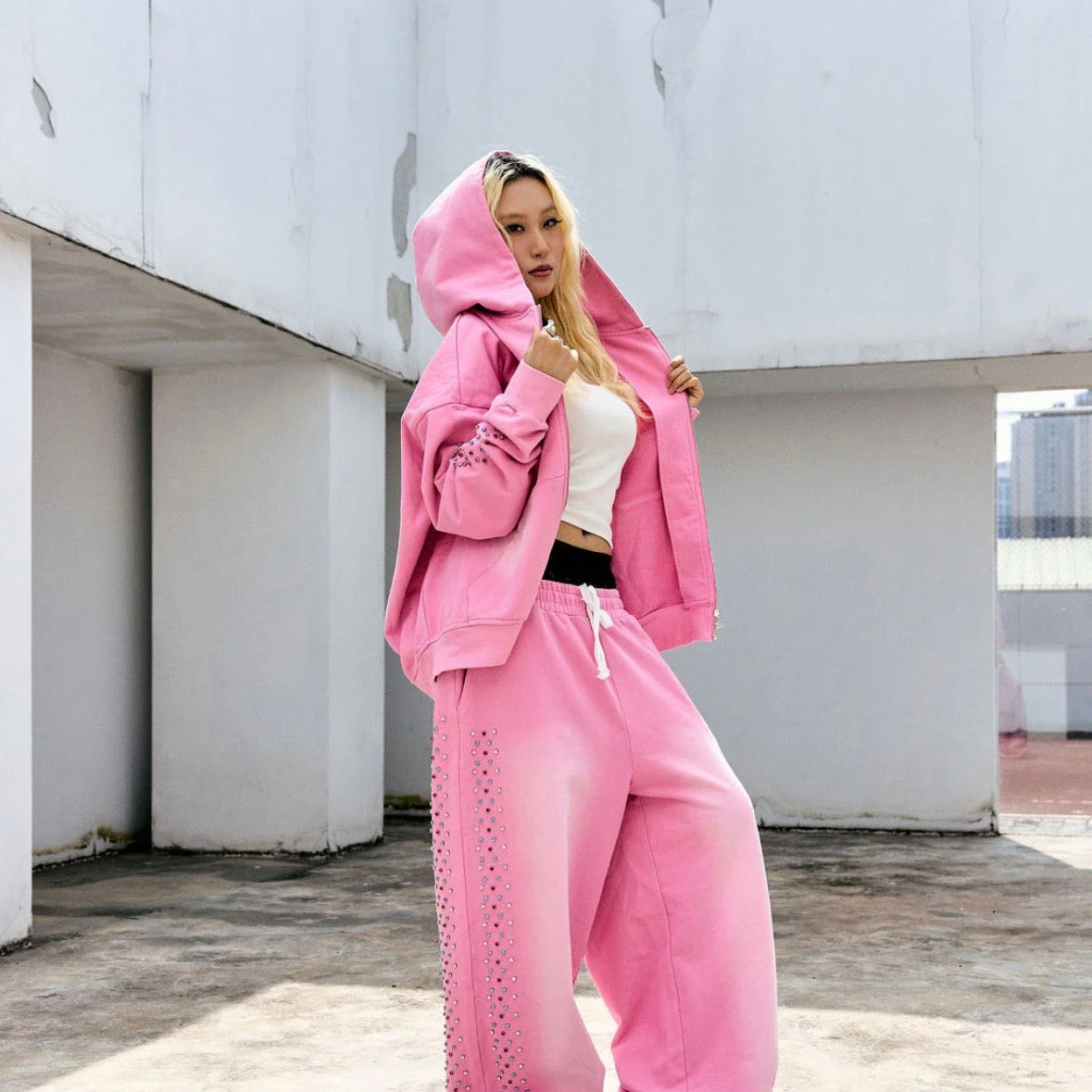 AZVA Pink Crystal Cactus Zip Hoodie