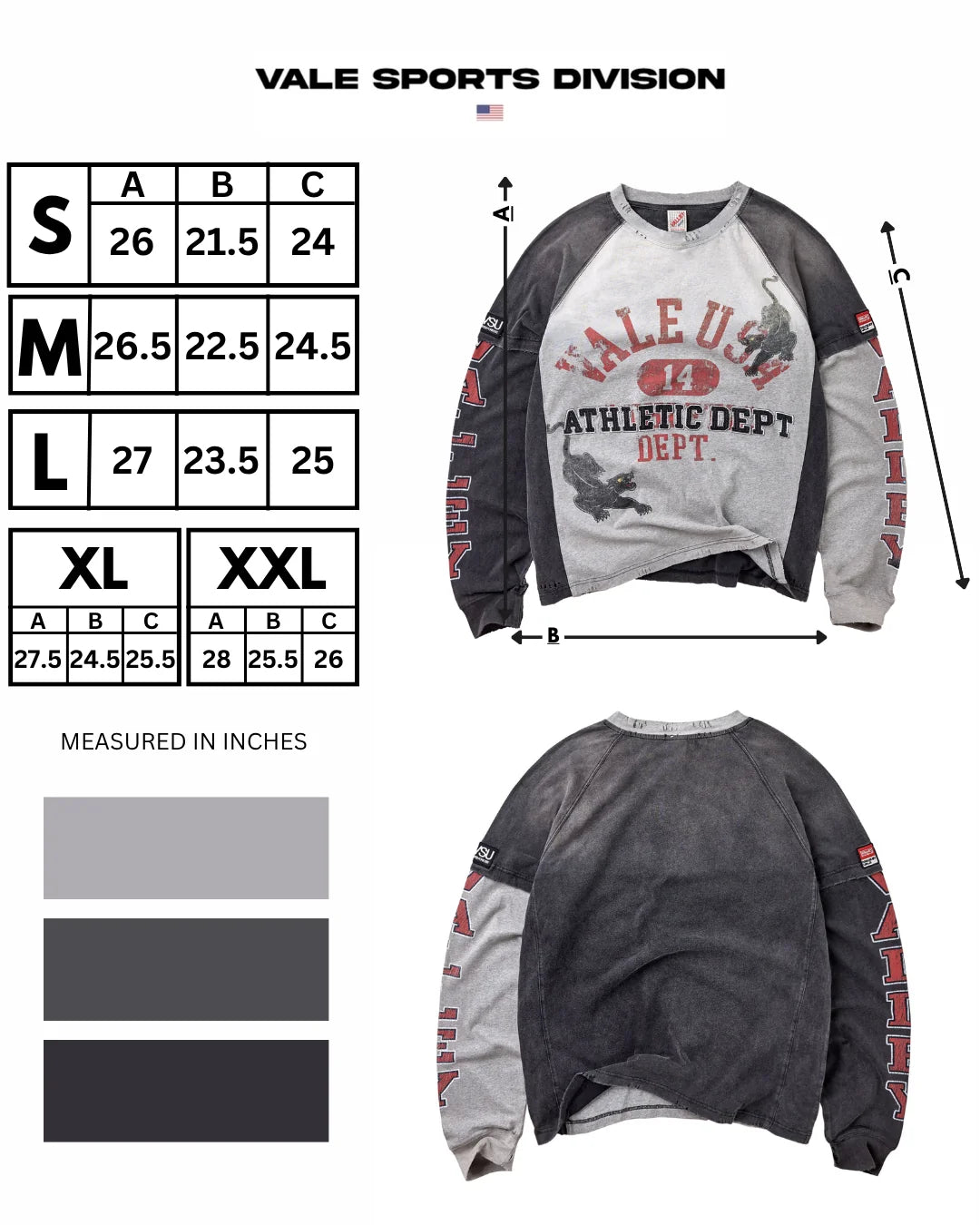 Vale Sports Division size chart for the Varsity Long Sleeve, listing body length, width and sleeve length