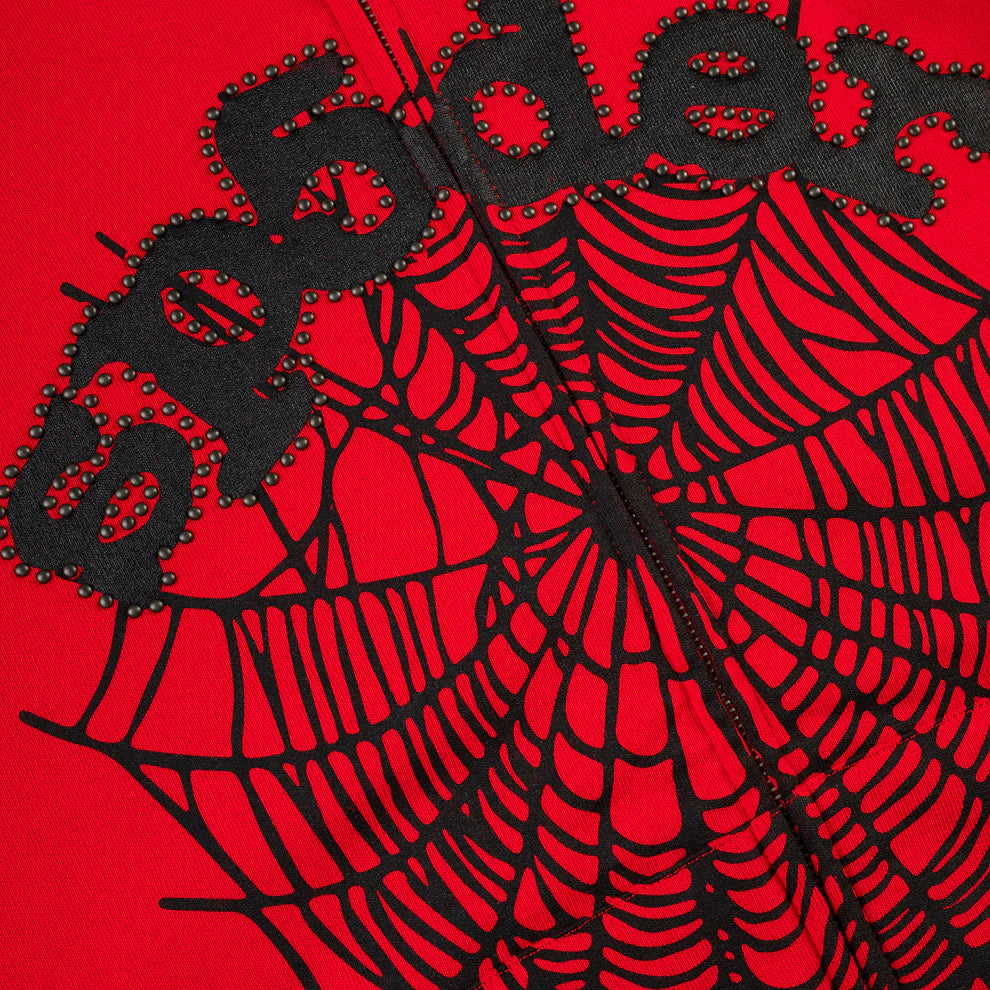 Sp5der Red OG Web Studded Zip Hoodie