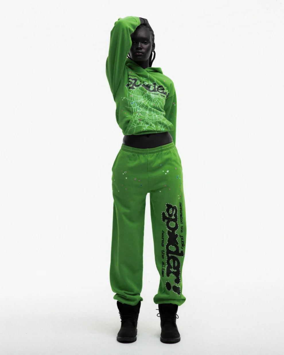 Sp5der Bright Green Punk V2 Rhinestone Hoodie