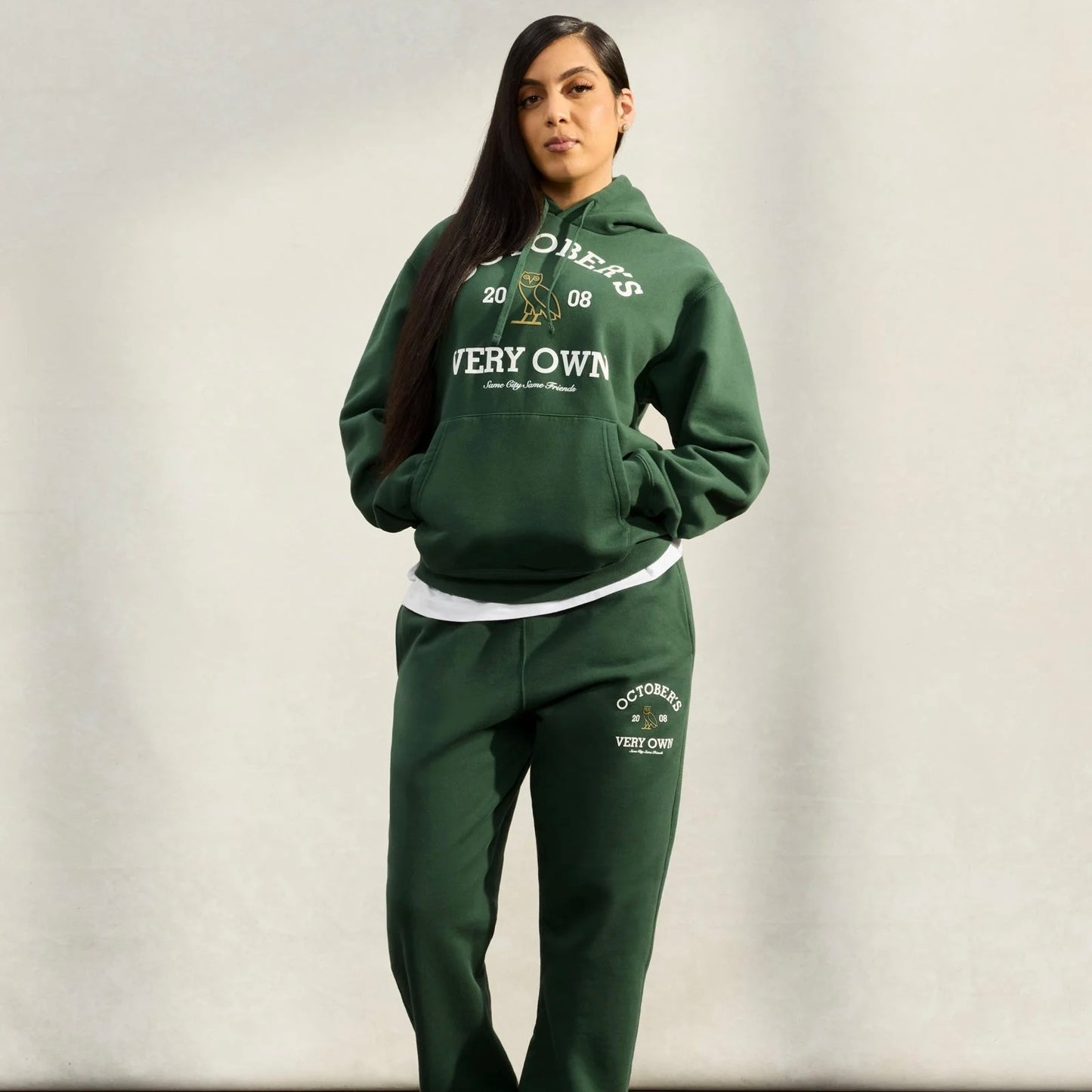 OVO Forrest Green Collegiate Hoodie On Body 4
