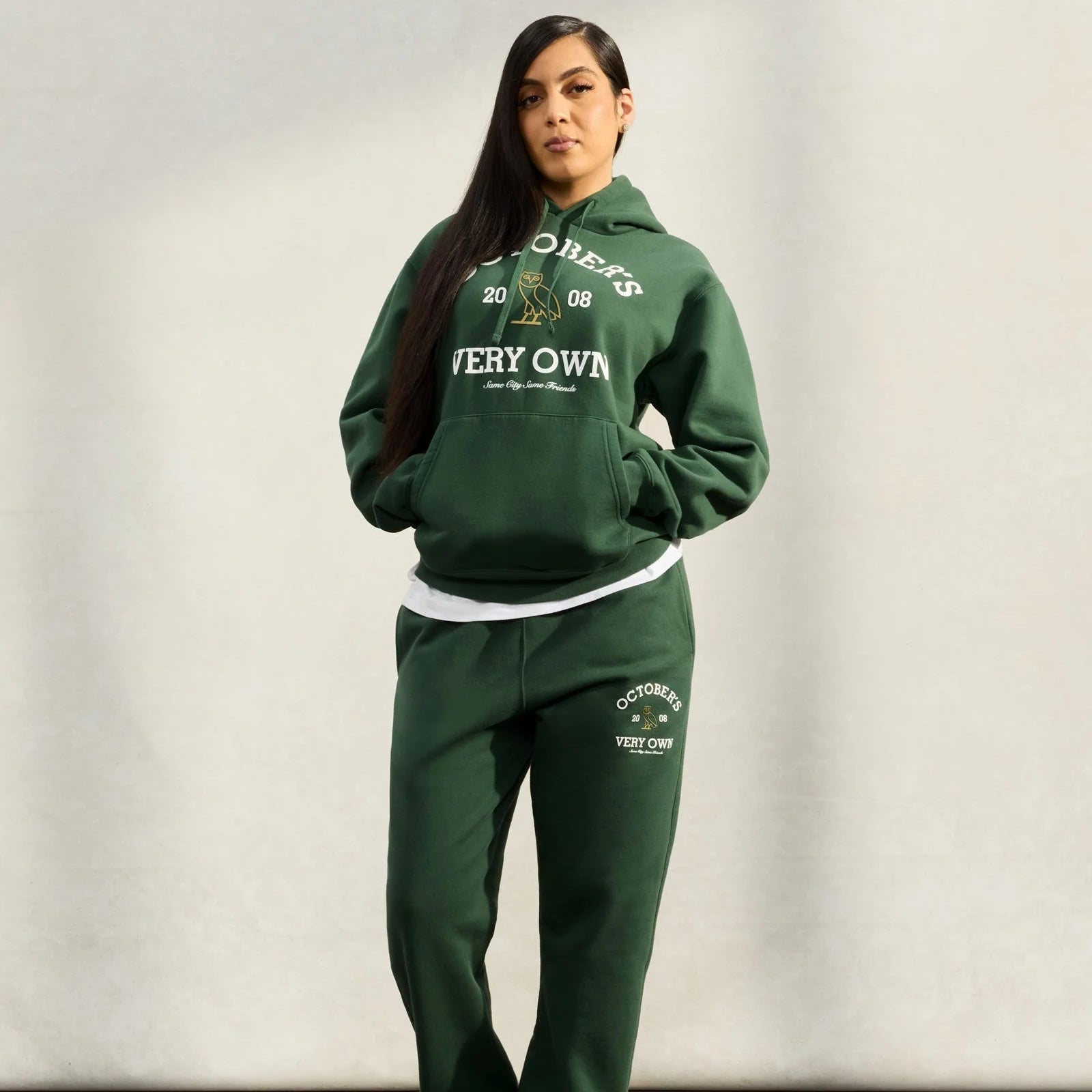 OVO Forrest Green Collegiate Hoodie On Body 4