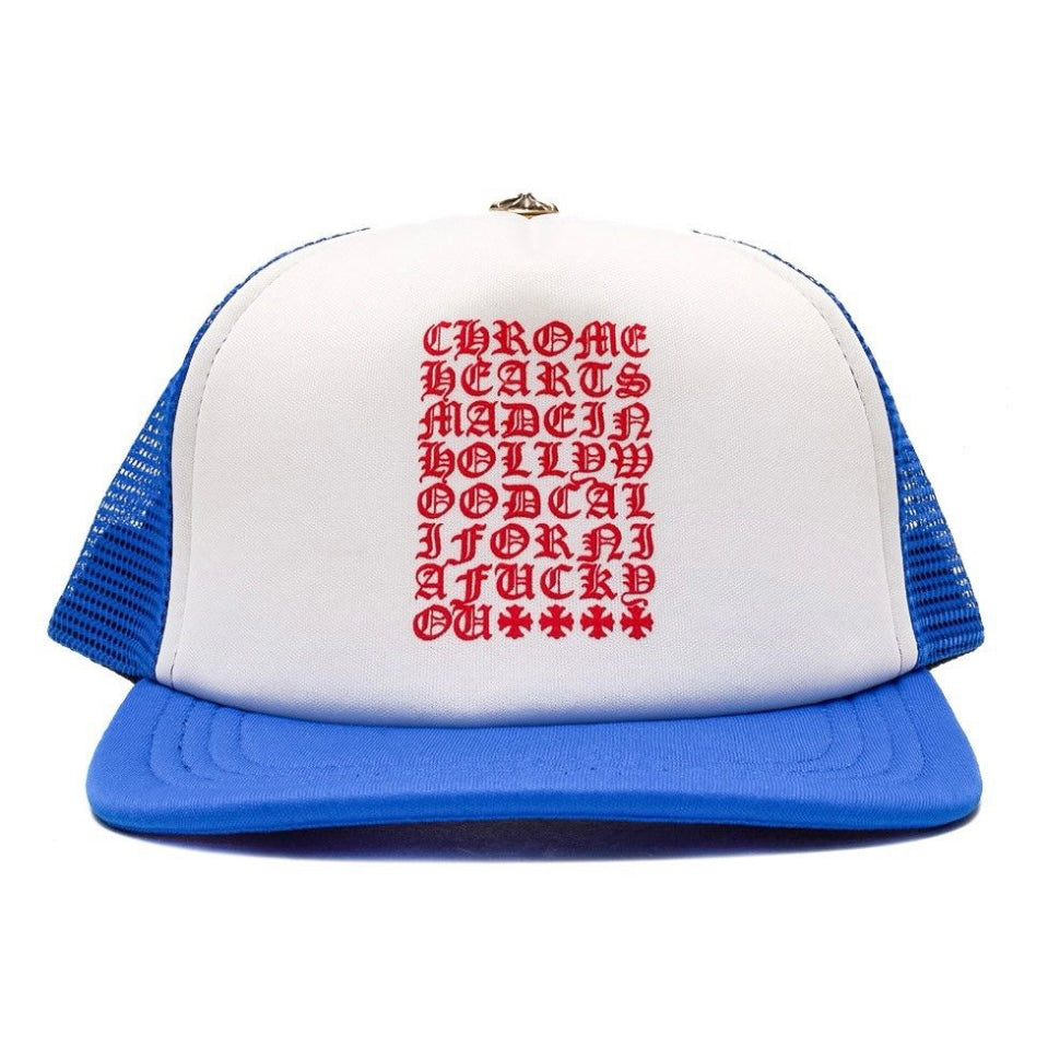 Chrome Hearts Blue White Red Eyechart Trucker Hat