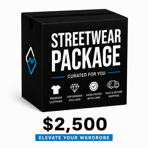$2,500 Streetwear Package, black box graphic reading Streetwear Package Curated For You with a $2,500 price and blue banner