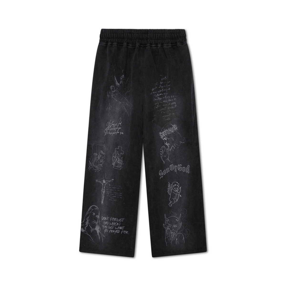 Back of the washed black We Are Righteous Harley Sweatpants with white sketch graphics