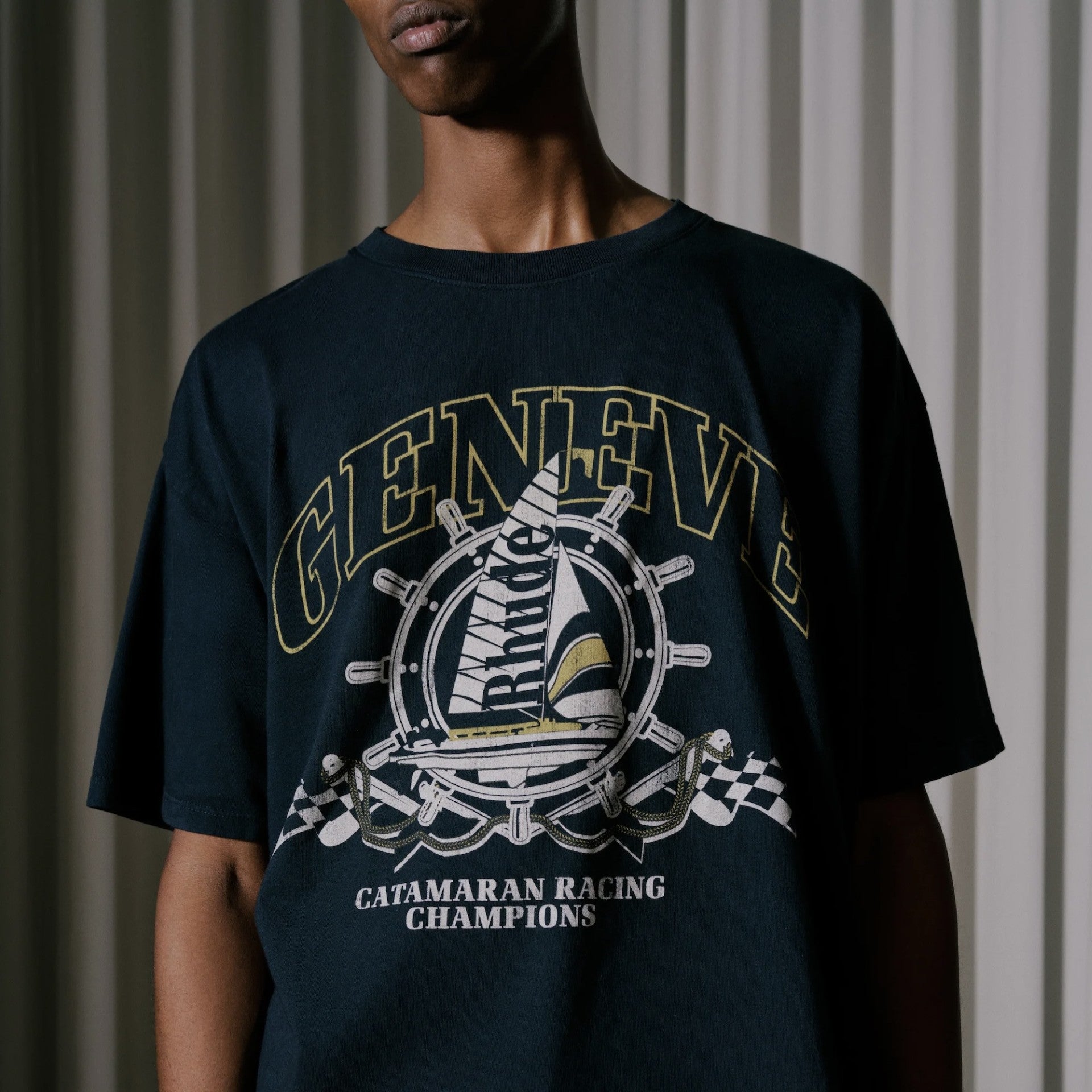Rhude Vintage Black Geneve Catamaran T-Shirt On Body Close