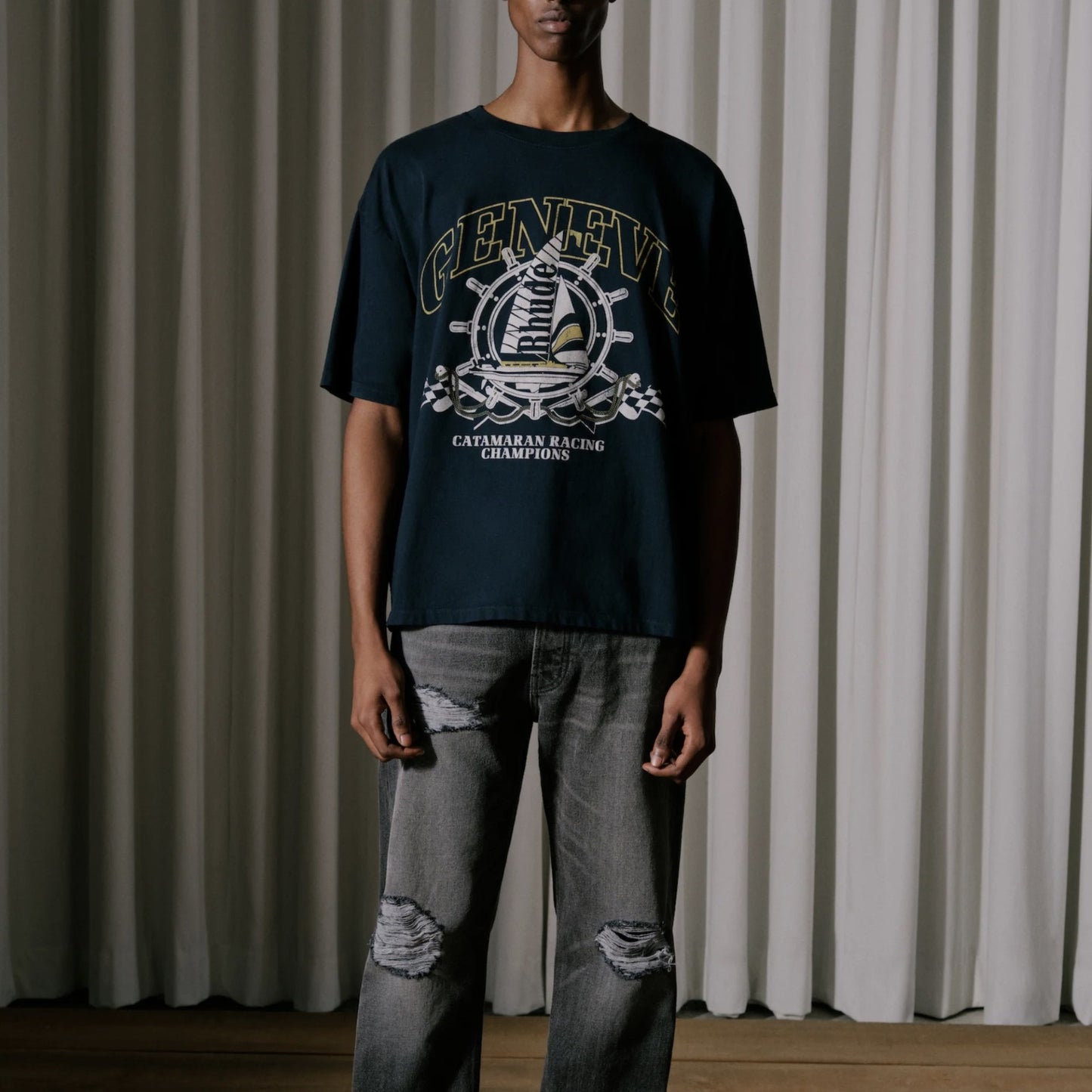 Rhude Vintage Black Geneve Catamaran T-Shirt On Body Front