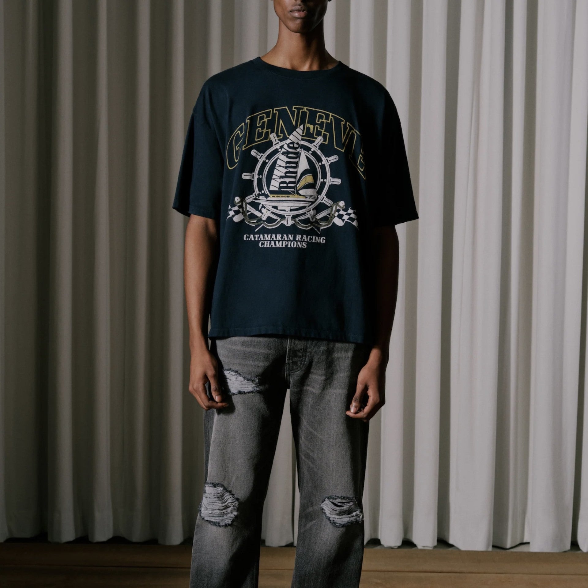 Rhude Vintage Black Geneve Catamaran T-Shirt On Body Front
