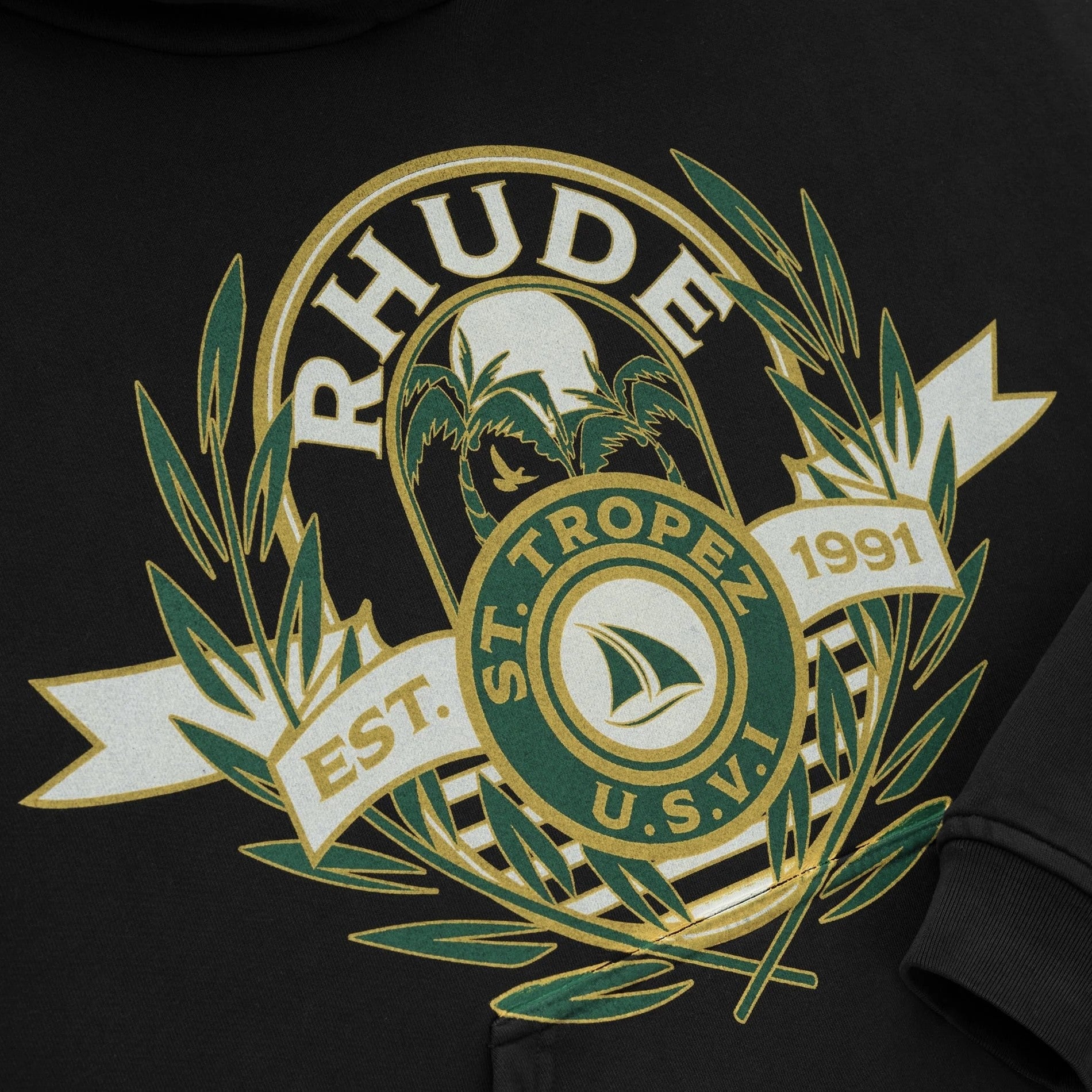 Rhude Vintage Black St Tropez Yacht Crest Hoodie Close