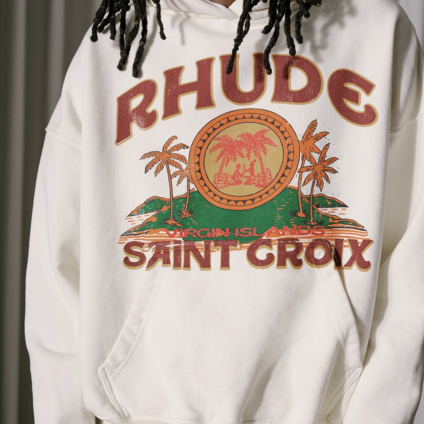Rhude Vintage White Saint Croix Hoodie On Body Close