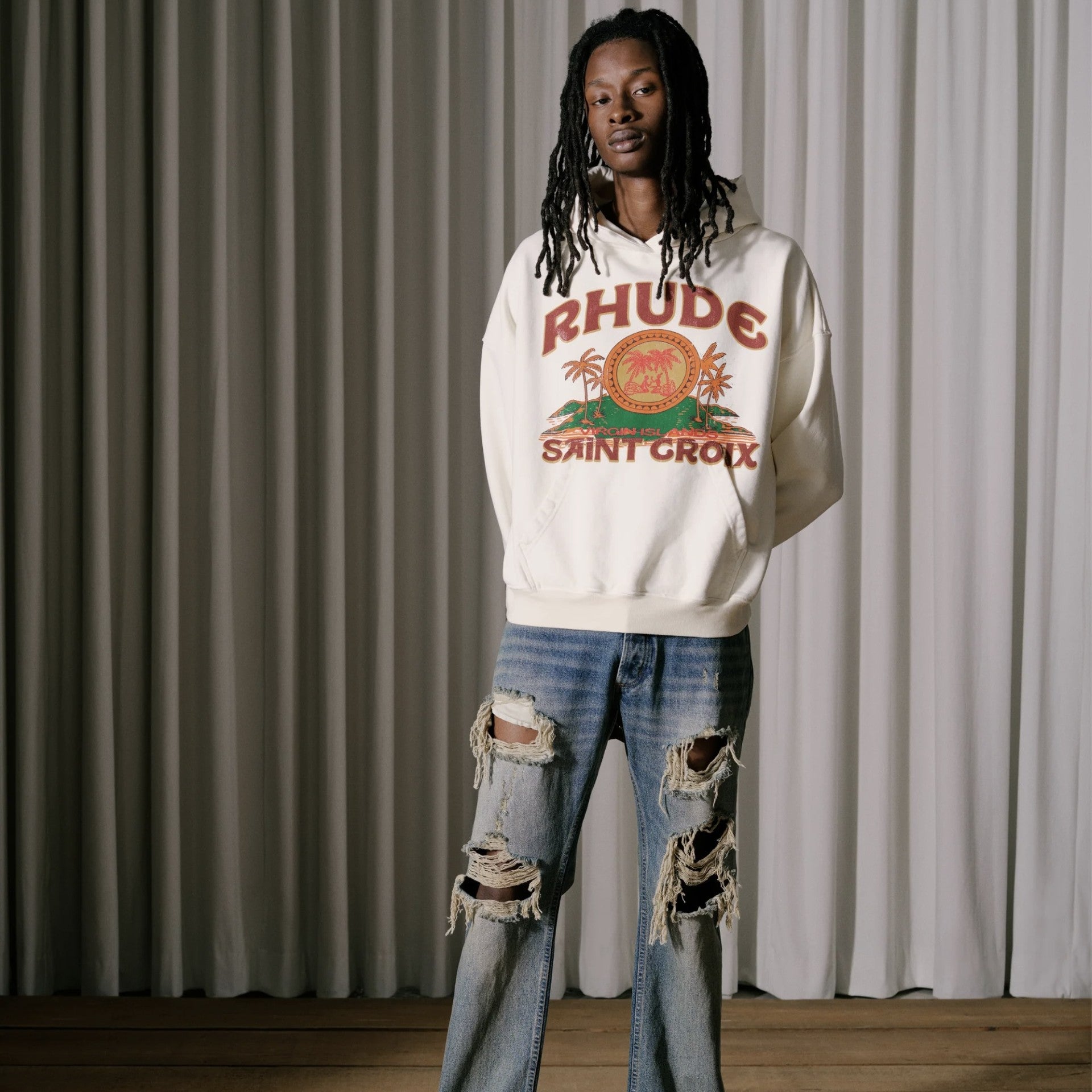 Rhude Vintage White Saint Croix Hoodie On Body Front