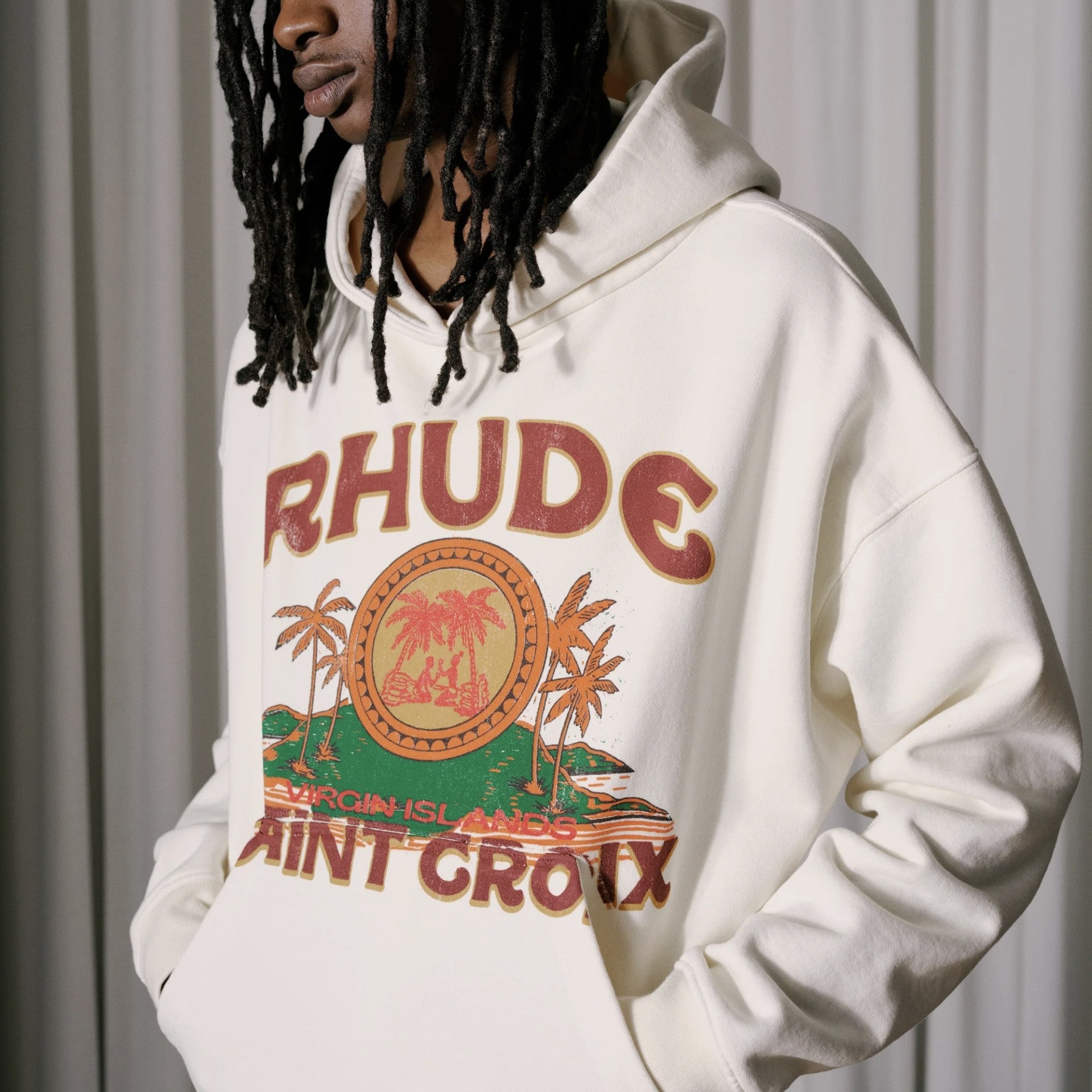 Rhude Vintage White Saint Croix Hoodie on Body Side