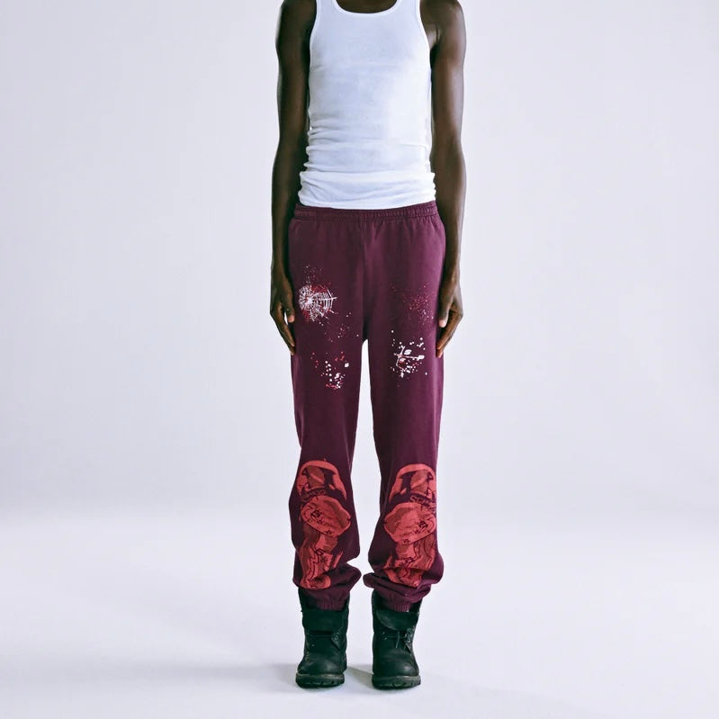 Sp5der Burgundy Nocturnal Highway Sweatpants On Body 12