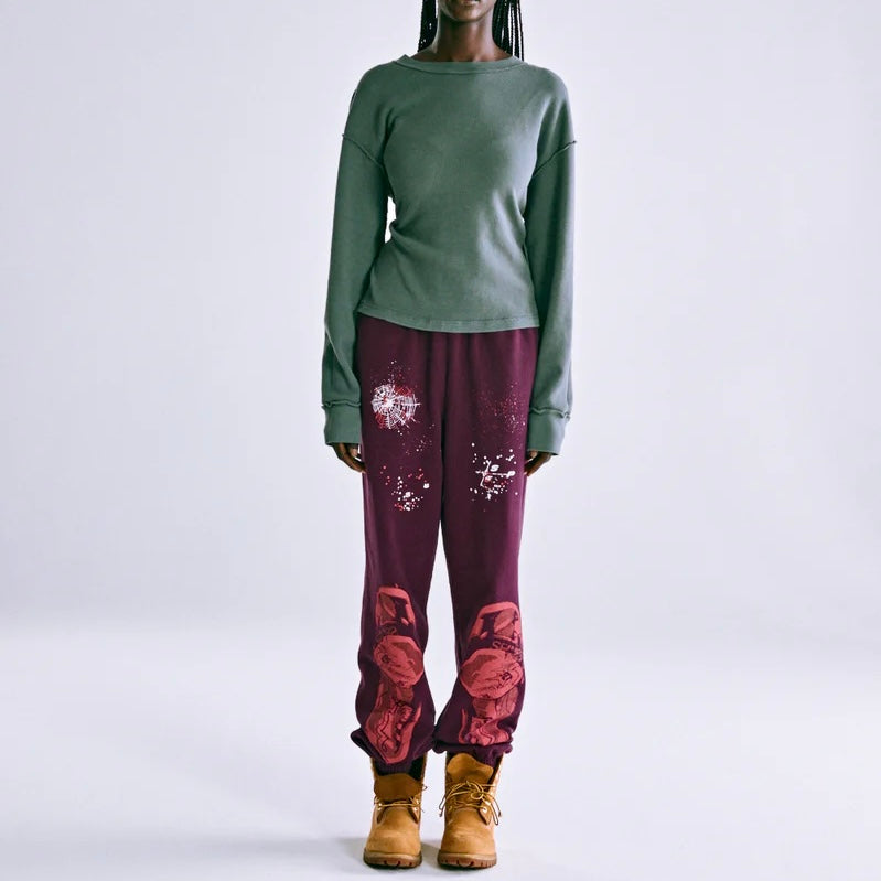 Sp5der Burgundy Nocturnal Highway Sweatpants On Body 11