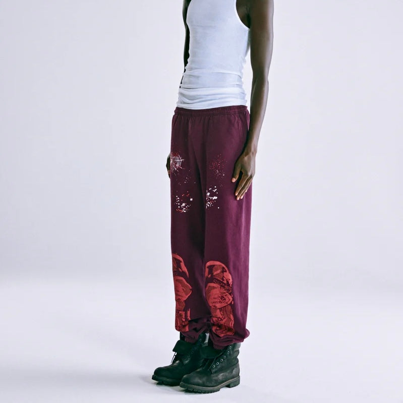 Sp5der Burgundy Nocturnal Highway Sweatpants On Body 10