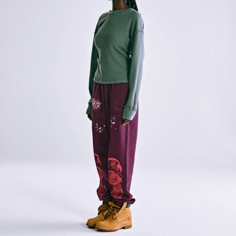 Sp5der Burgundy Nocturnal Highway Sweatpants On Body 9