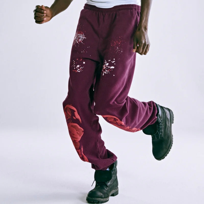 Sp5der Burgundy Nocturnal Highway Sweatpants On Body 4