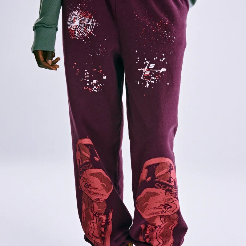 Sp5der Burgundy Nocturnal Highway Sweatpants On Body 2