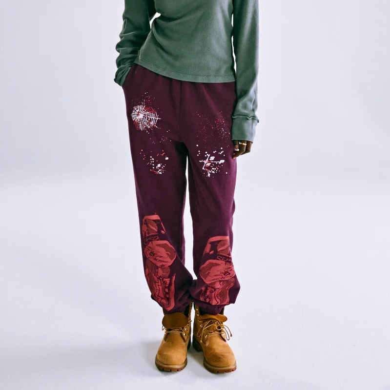 Sp5der Burgundy Nocturnal Highway Sweatpants On Body 5