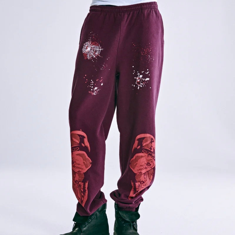Sp5der Burgundy Nocturnal Highway Sweatpants On Body 1