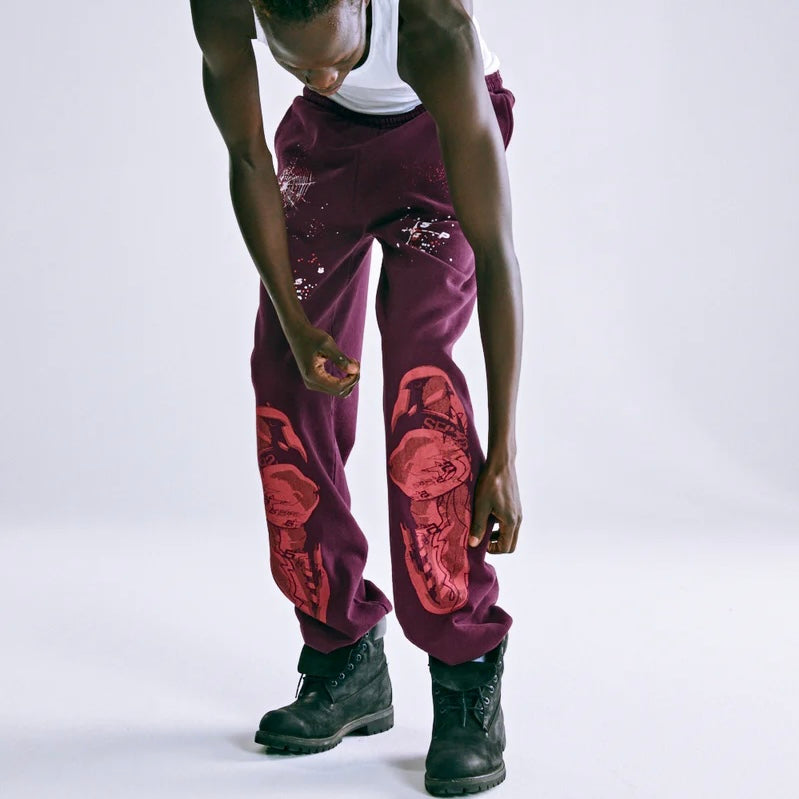 Sp5der Burgundy Nocturnal Highway Sweatpants On Body 3