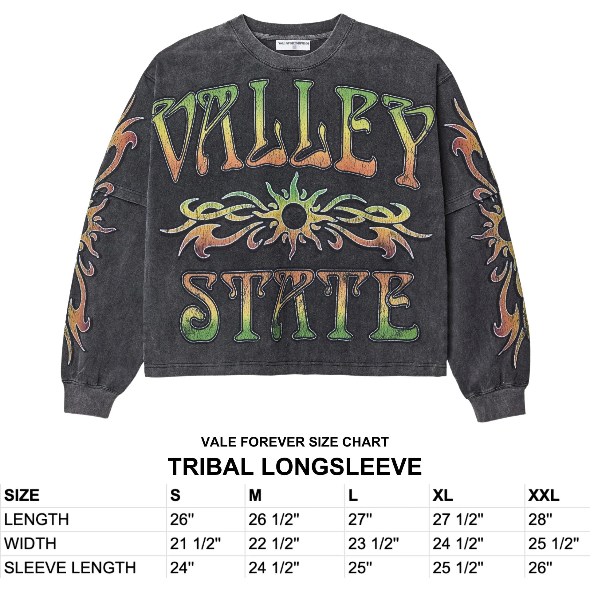 Vale Black Tribal Long Sleeve Size Chart