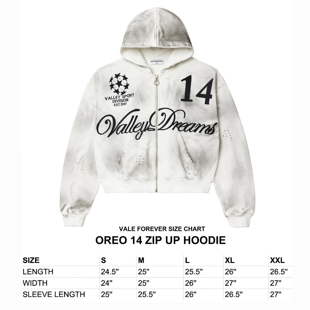Vale White Oreo 14 Zip Hoodie Size Chart