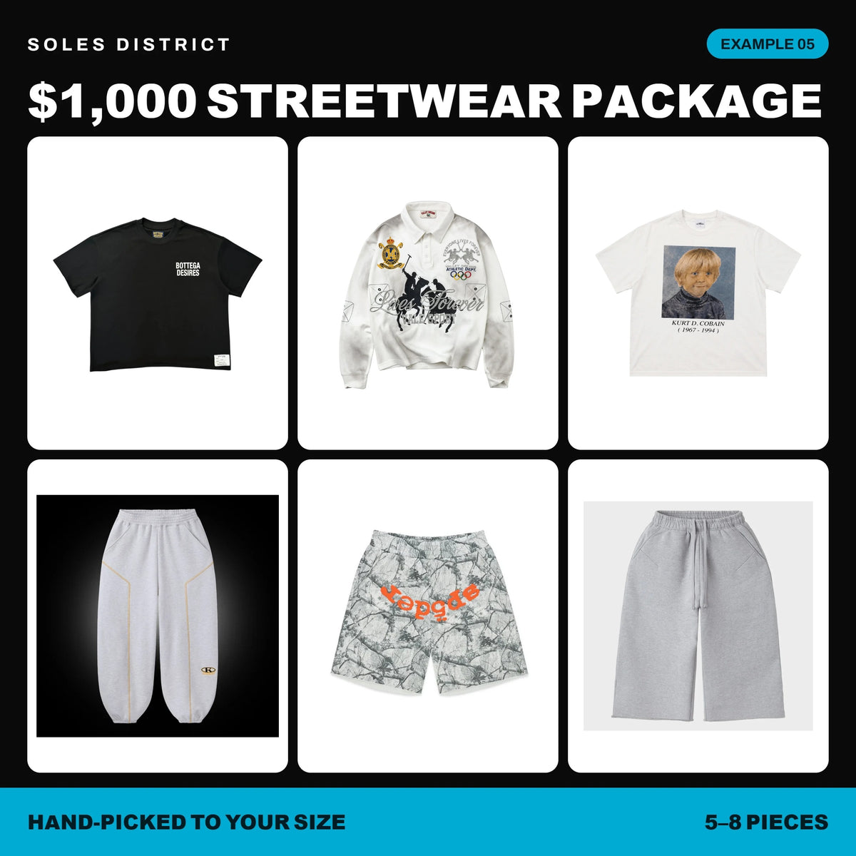$1,000 Streetwear Package example 05, six pieces from Bottega Desires, Vale, No Feelings, GV Gallery, Sp5der and more: long sleeves, tees, pants and shorts