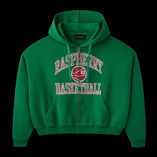 GV Gallery Fiveways Zip Hoodie in green with red and white Raspberry Basketball print