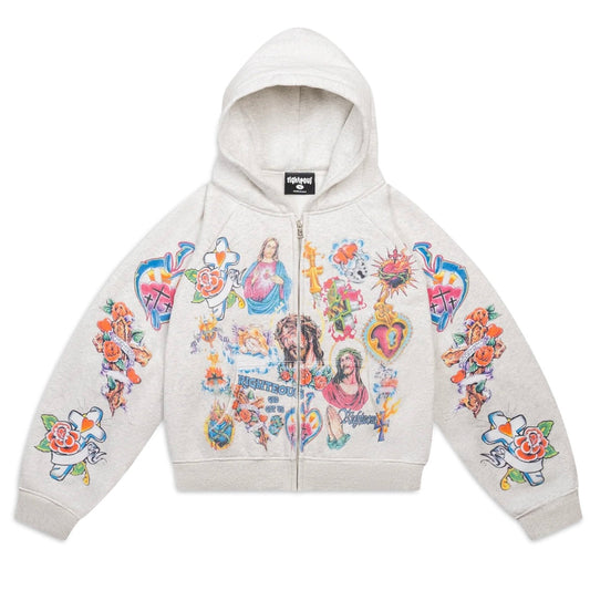 We Are Righteous Grey Risen King zip hoodie laid flat, covered in colourful tattoo-style saint artwork
