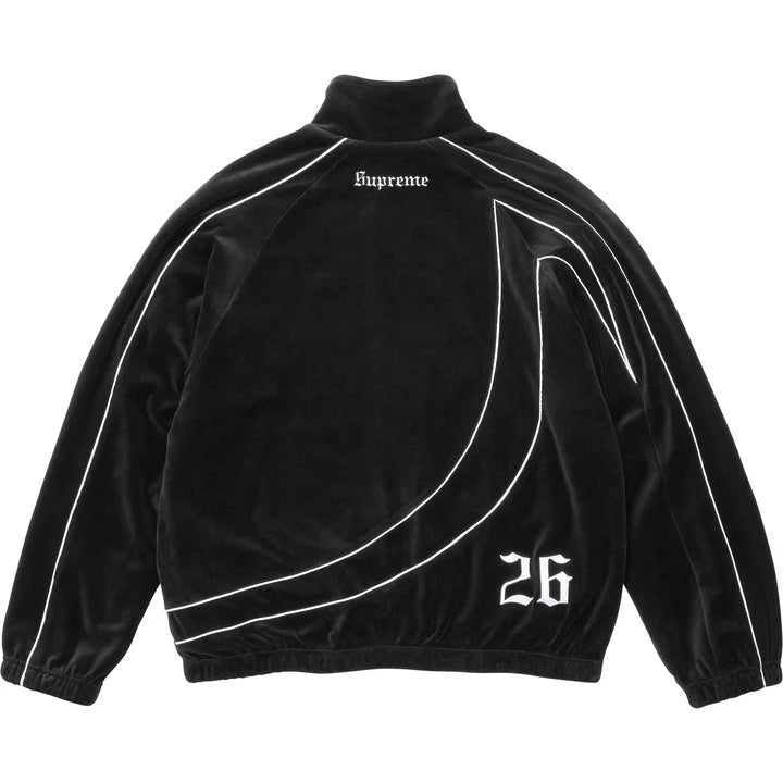 Supreme x Umbro Black Velour Track Jacket back view with the white 26 numerals and piping sweep