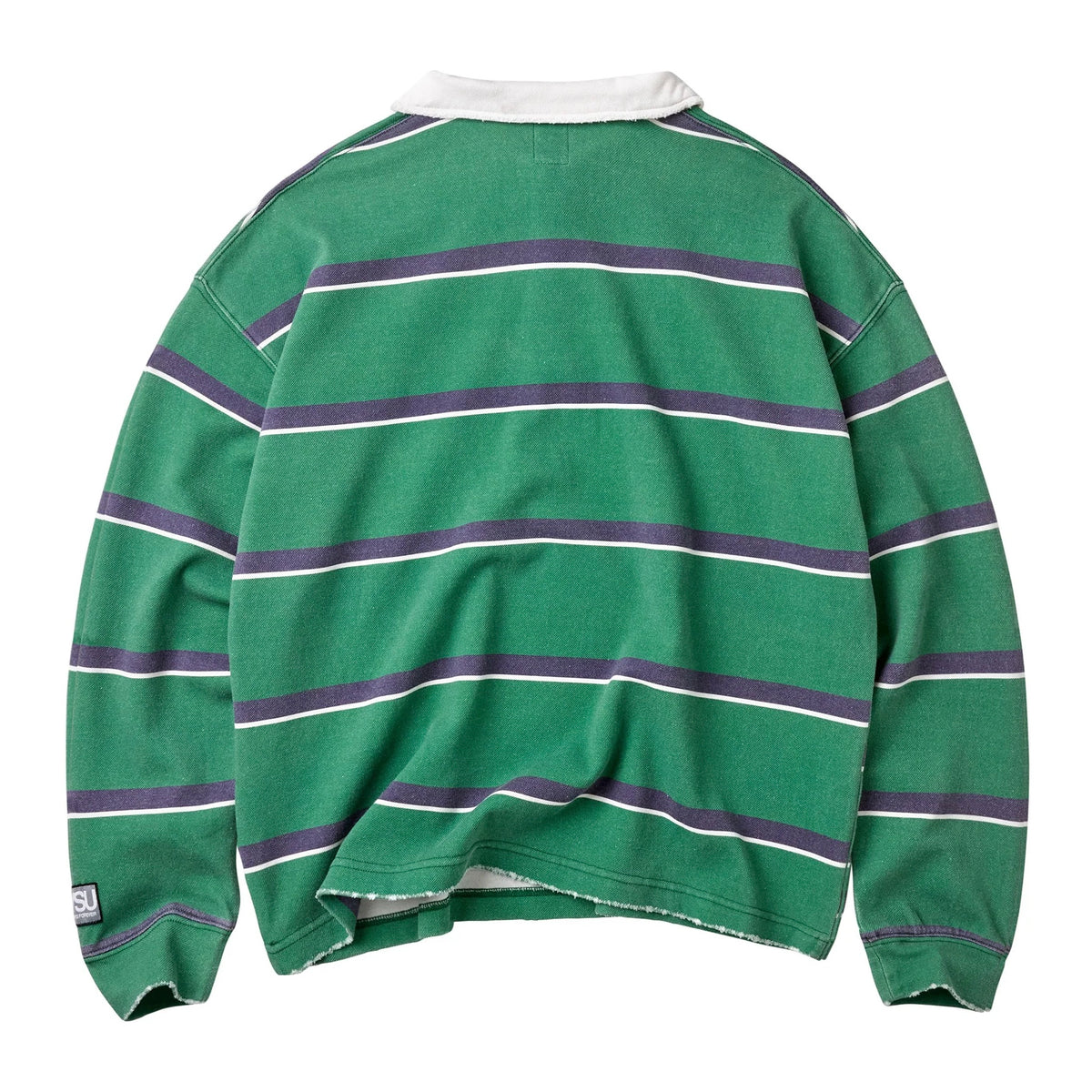 Vale Green Valemore Rugby Long Sleeve, back of the green striped rugby with white collar