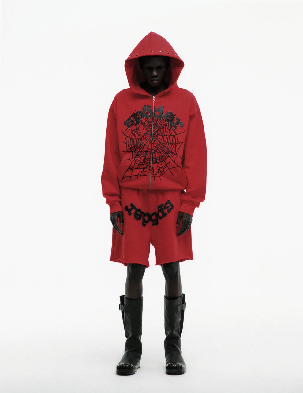 Sp5der Red OG Web Studded Zip Hoodie
