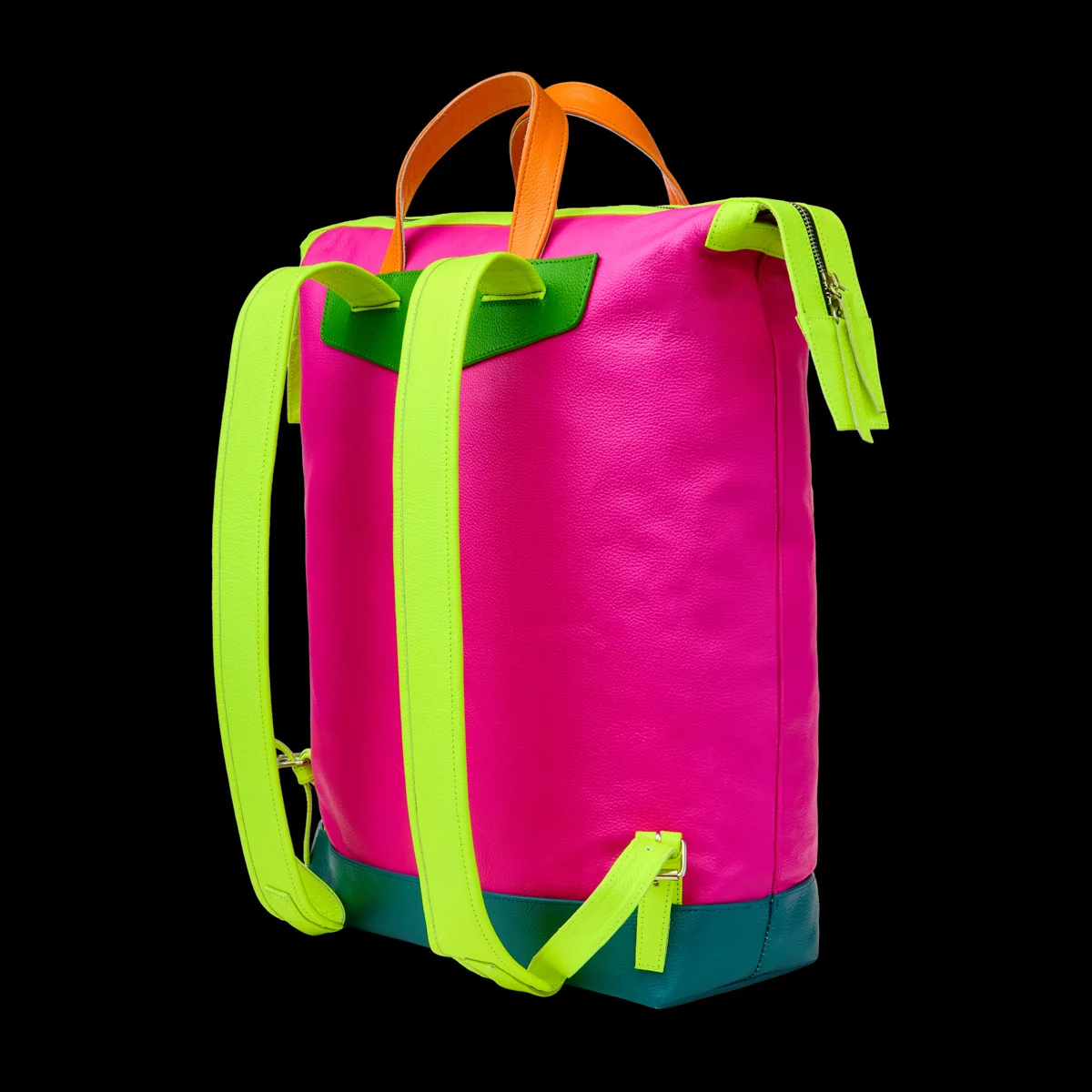 GV Gallery Juiceman Backpack, hot pink backpack with a teal base, neon green straps and orange top handles