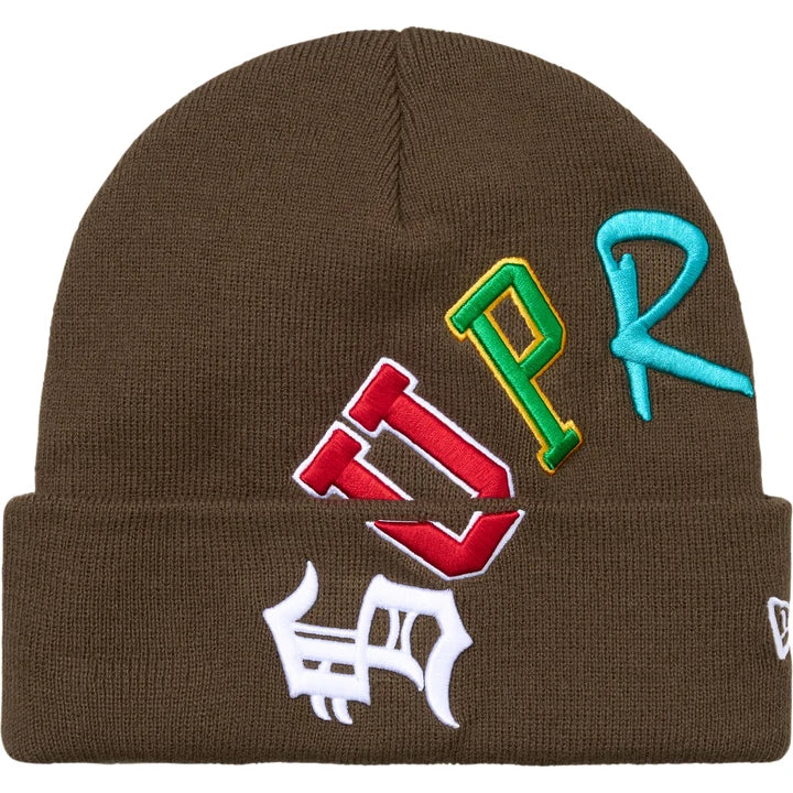 Supreme Brown New Era Arc Beanie front view with red, green and teal arc letters and New Era cuff flag